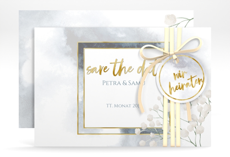 Save the Date-Karte Winter A6 Karte quer blau gold mit Schleierkraut