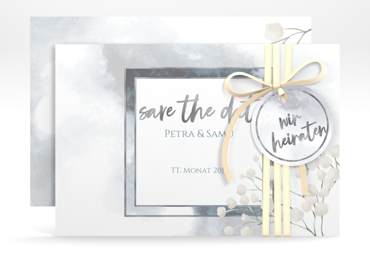 Save the Date-Karte Winter A6 Karte quer blau silber mit Schleierkraut