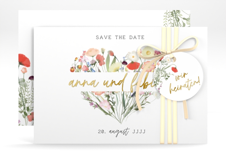 Save the Date-Karte Wildblumenherz A6 Karte quer bunt gold