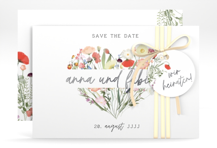 Save the Date-Karte Wildblumenherz A6 Karte quer bunt silber