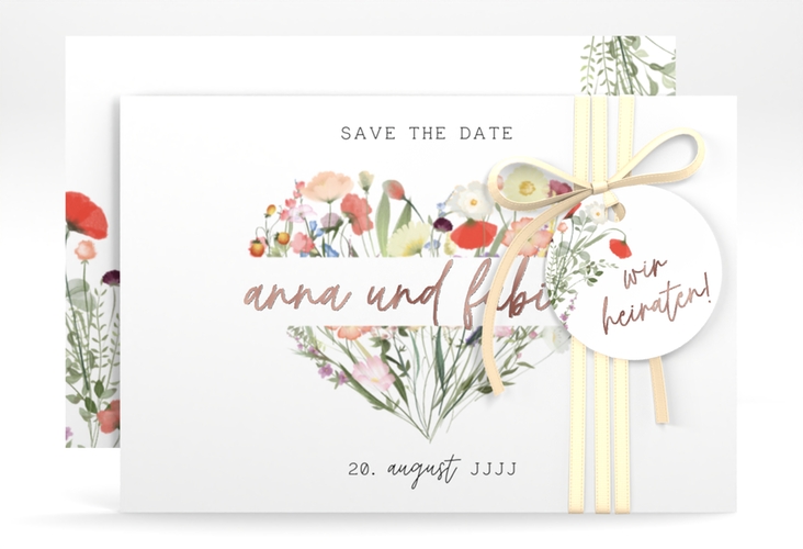 Save the Date-Karte Wildblumenherz A6 Karte quer bunt rosegold