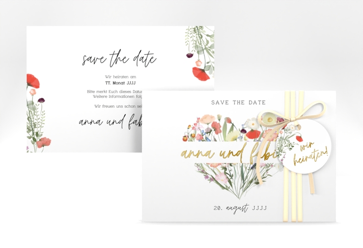 Save the Date-Karte Wildblumenherz A6 Karte quer bunt gold