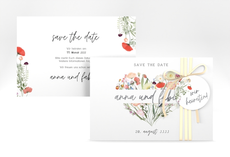 Save the Date-Karte Wildblumenherz A6 Karte quer bunt silber
