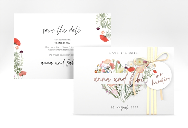 Save the Date-Karte Wildblumenherz A6 Karte quer bunt rosegold