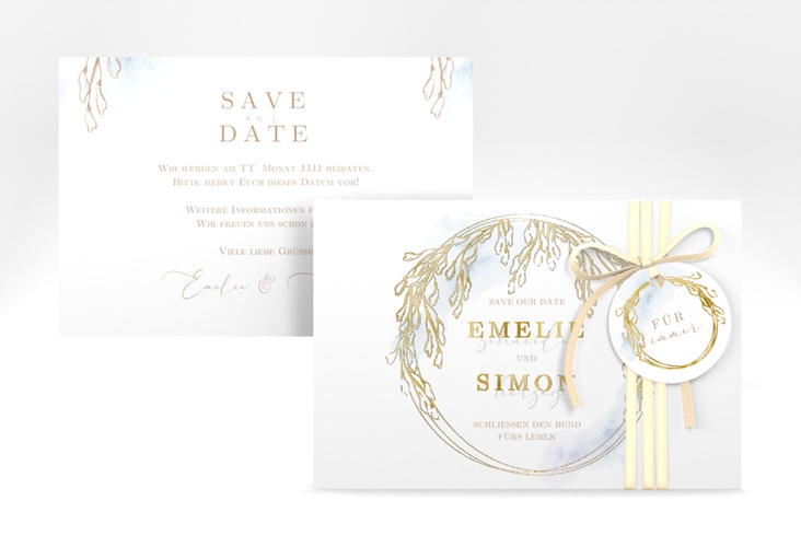 Save the Date-Karte Wisteria A6 Karte quer blau gold mit Blumenbogen aus Blauregen