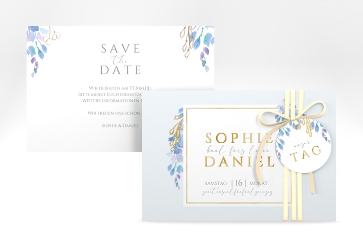 Save the Date-Karte Blauregen A6 Karte quer blau gold mit Wisteria-Blüten