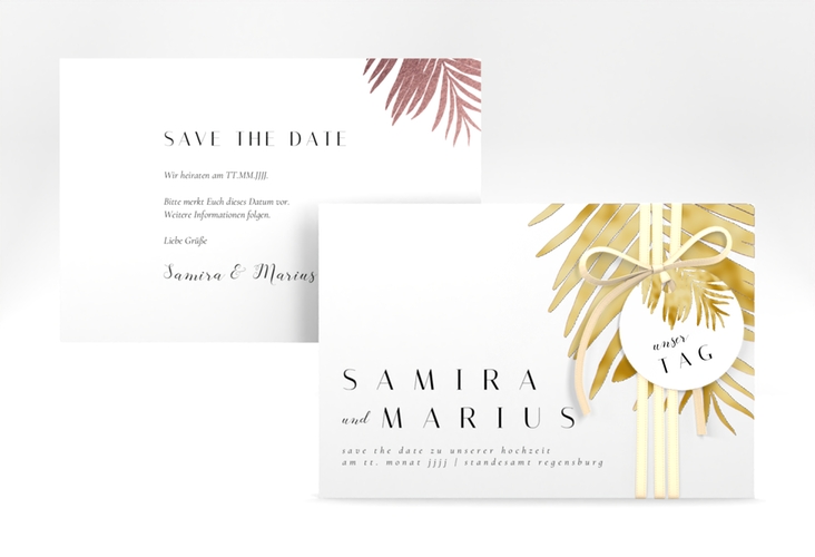 Save the Date-Karte Palmenblatt A6 Karte quer rosa gold mit Palmenwedel