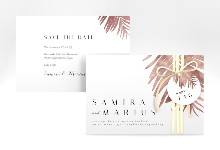 Save the Date-Karte Palmenblatt A6 Karte quer rosa rosegold mit Palmenwedel