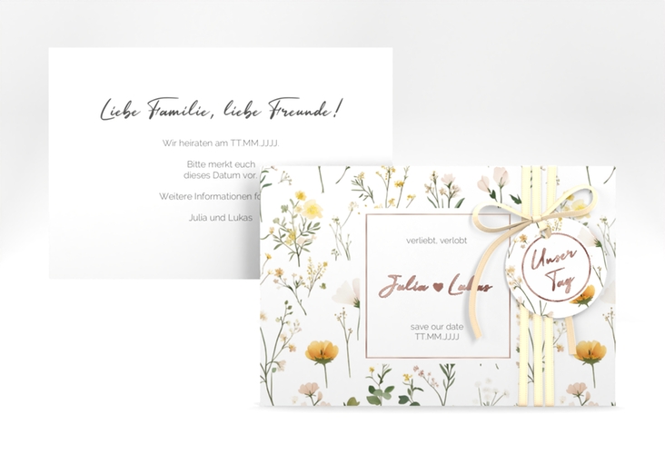 Save the Date-Karte Blumenwiese A6 Karte quer bunt rosegold