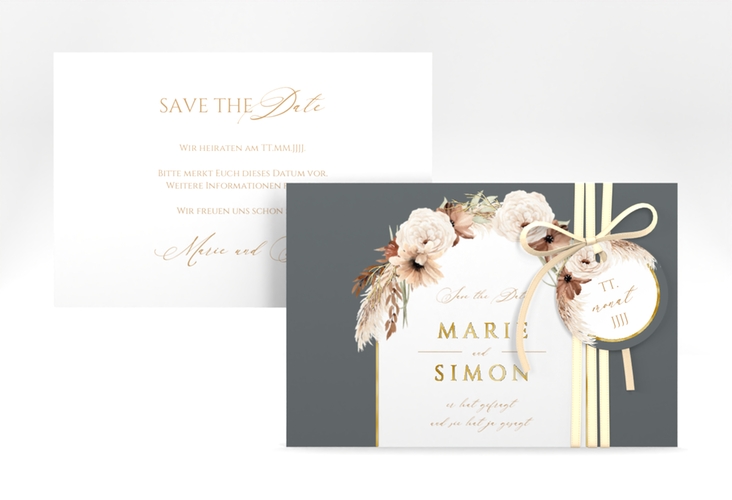 Save the Date-Karte Blumenbogen A6 Karte quer grau gold
