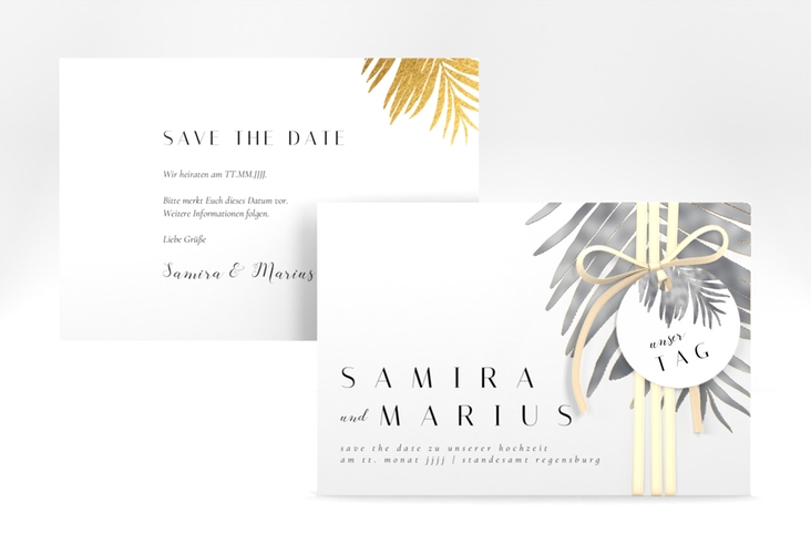 Save the Date-Karte Palmenblatt A6 Karte quer gold silber mit Palmenwedel