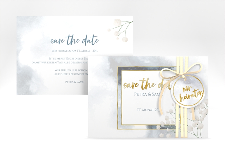 Save the Date-Karte Winter A6 Karte quer blau gold mit Schleierkraut