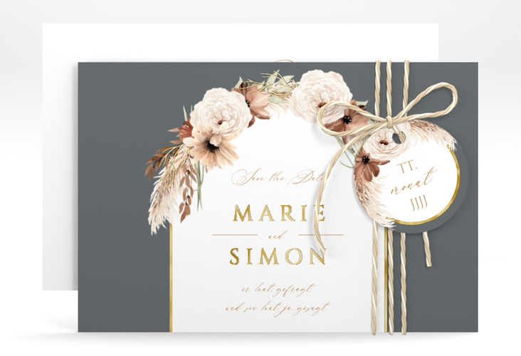 Save the Date-Karte Blumenbogen A6 Karte quer grau gold