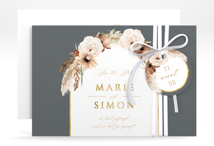 Save the Date-Karte Blumenbogen A6 Karte quer grau gold