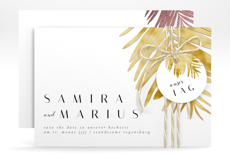 Save the Date-Karte Palmenblatt A6 Karte quer rosa gold mit Palmenwedel