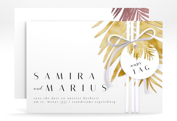 Save the Date-Karte Palmenblatt A6 Karte quer rosa gold mit Palmenwedel