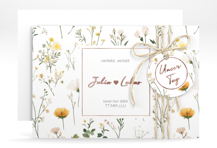 Save the Date-Karte Blumenwiese A6 Karte quer bunt rosegold