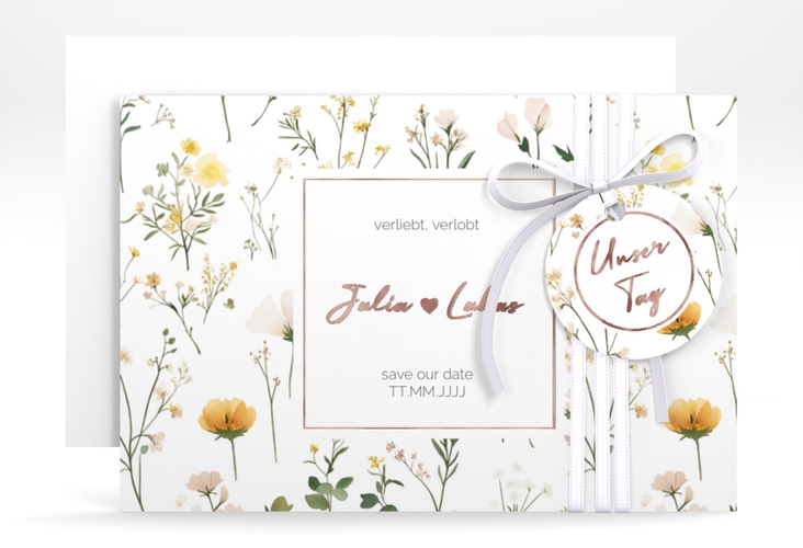 Save the Date-Karte Blumenwiese A6 Karte quer bunt rosegold