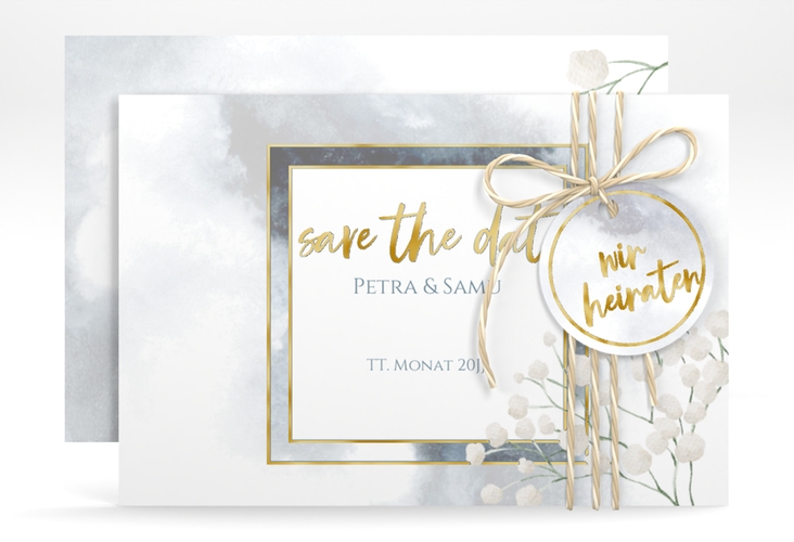 Save the Date-Karte Winter A6 Karte quer blau gold mit Schleierkraut