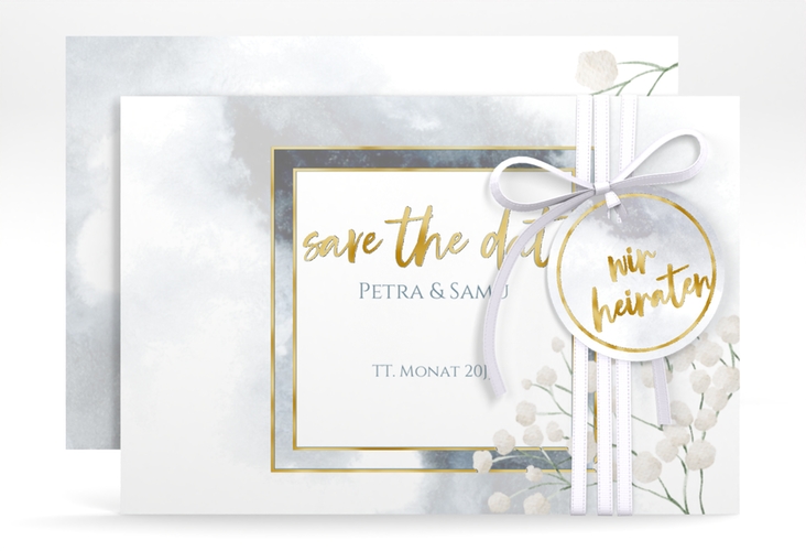 Save the Date-Karte Winter A6 Karte quer blau gold mit Schleierkraut