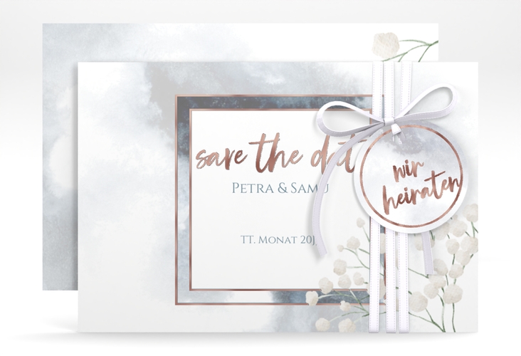 Save the Date-Karte Winter A6 Karte quer blau rosegold mit Schleierkraut