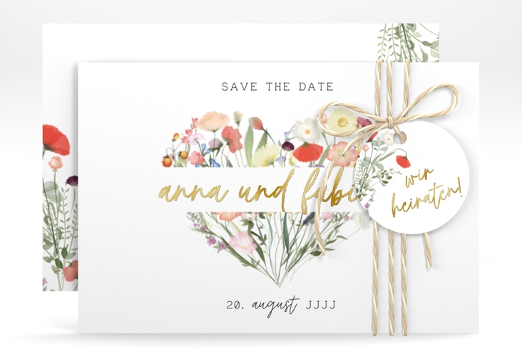 Save the Date-Karte Wildblumenherz A6 Karte quer bunt gold