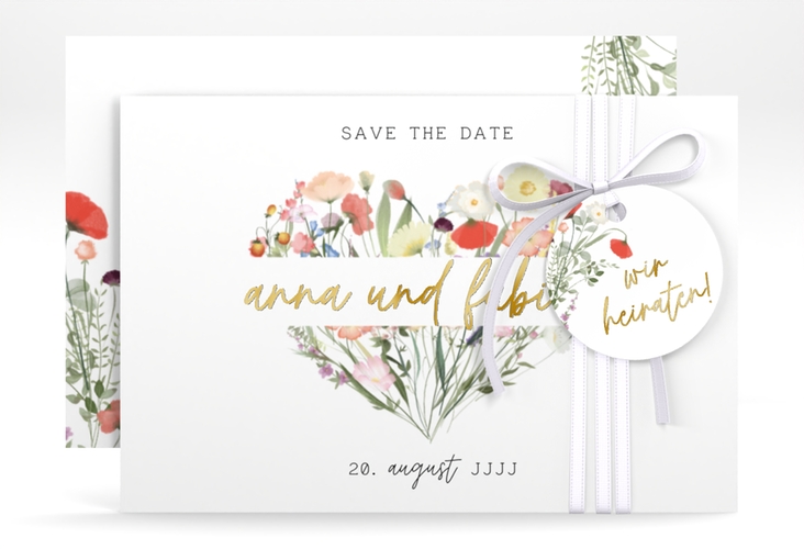 Save the Date-Karte Wildblumenherz A6 Karte quer bunt gold