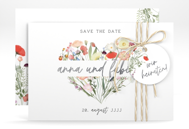 Save the Date-Karte Wildblumenherz A6 Karte quer bunt silber