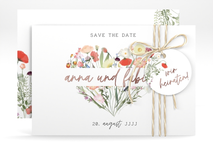 Save the Date-Karte Wildblumenherz A6 Karte quer bunt rosegold