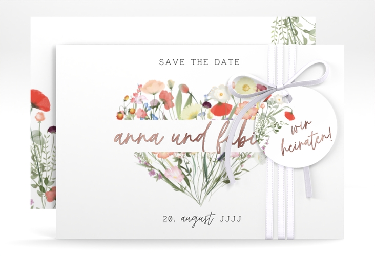 Save the Date-Karte Wildblumenherz A6 Karte quer bunt rosegold