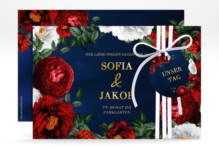 Save the Date-Karte Florista A6 Karte quer blau gold