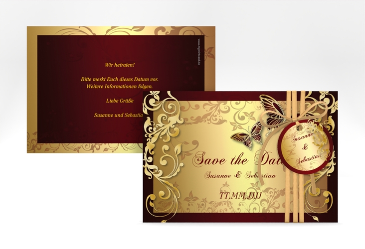 Save the Date-Karte Hochzeit Toulouse A6 Karte quer rot gold romantisch mit Schmetterlingen