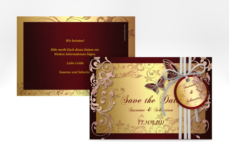 Save the Date-Karte Hochzeit Toulouse A6 Karte quer rot rosegold romantisch mit Schmetterlingen