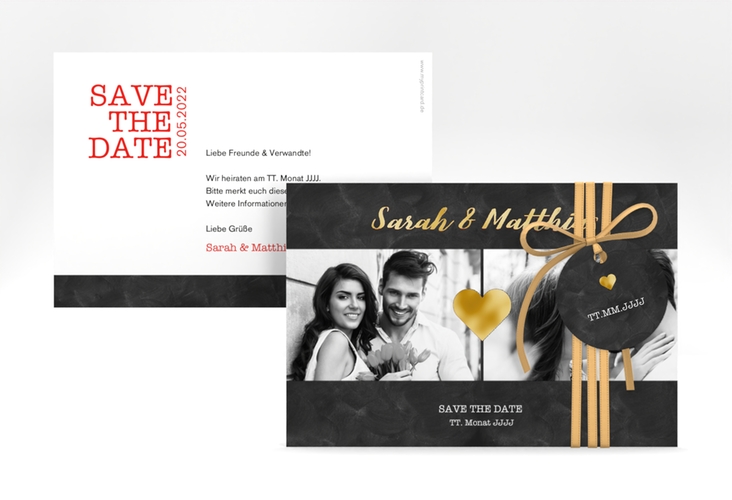 Save the Date-Karte Sparkly A6 Karte quer rot gold