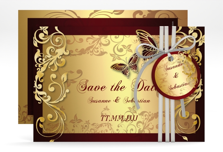 Save the Date-Karte Hochzeit Toulouse A6 Karte quer rot gold romantisch mit Schmetterlingen