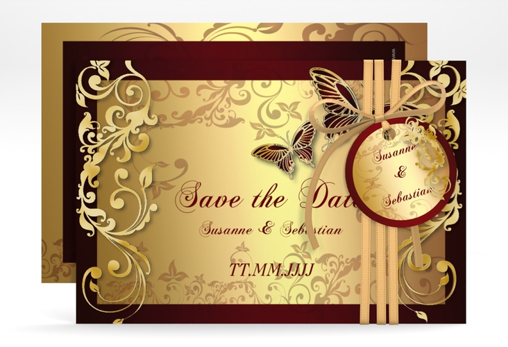 Save the Date-Karte Hochzeit Toulouse A6 Karte quer rot gold romantisch mit Schmetterlingen