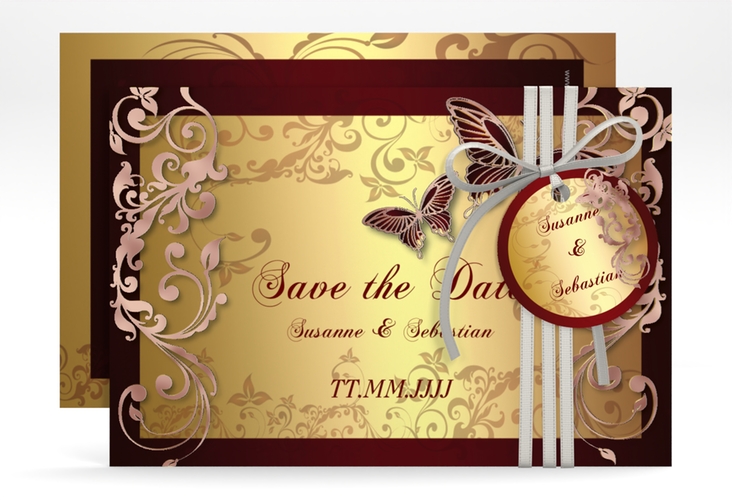 Save the Date-Karte Hochzeit Toulouse A6 Karte quer rot rosegold romantisch mit Schmetterlingen