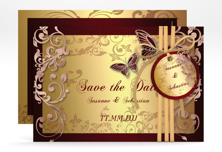 Save the Date-Karte Hochzeit Toulouse A6 Karte quer rot rosegold romantisch mit Schmetterlingen