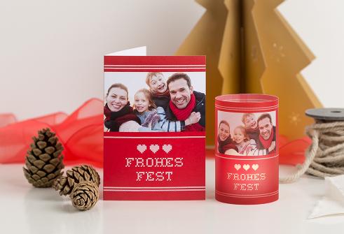 Weihnachtskarte und Weihnachts-Windlicht mit Foto
