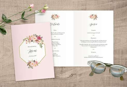 Menükarte zur Hochzeit mit rosa Design