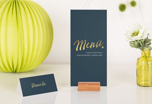 Menükarte und Tischkarte in Blau zur Hochzeit