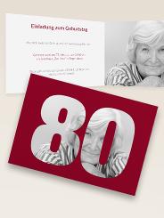 Einladungskarte zum 80. Geburtstag mit Zahl in Rot