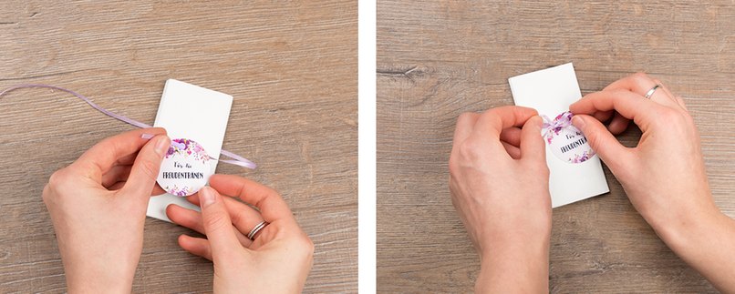 Bastelschritt 2 - Geschenkanhänger mit Seidenband befestigen. Bastelschritt 2 - Geschenkanhänger mit Seidenband befestigen.