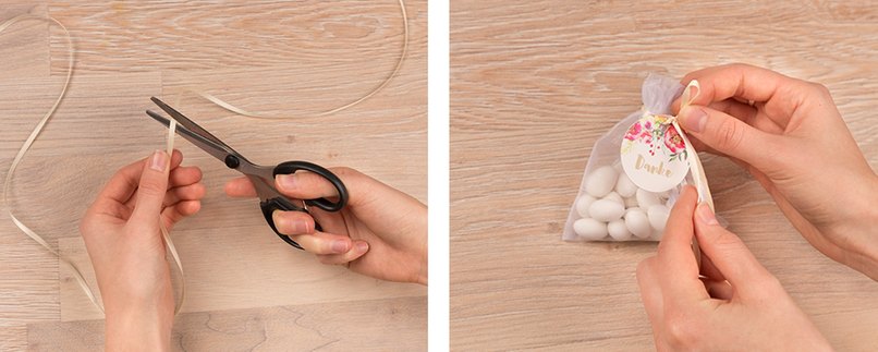 Schritt 2 - Mit einem Schleifenband verschließen und mit einem Geschenkanhänger verzieren.