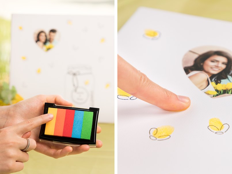 Mit einem Stempelkissen lassen sich Fingerabdrücke ganz einfach auf dem Hochzeitsbaum verewigen.