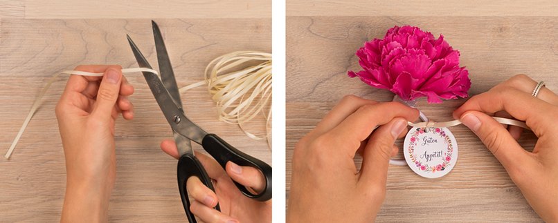 Bastelschritt 1 - Mit Satinbändern und Geschenkanhänger verzieren.