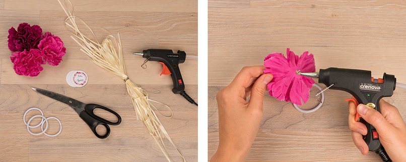 Bastelschritt 1 - Blüte mit Heißkleber bestreichen