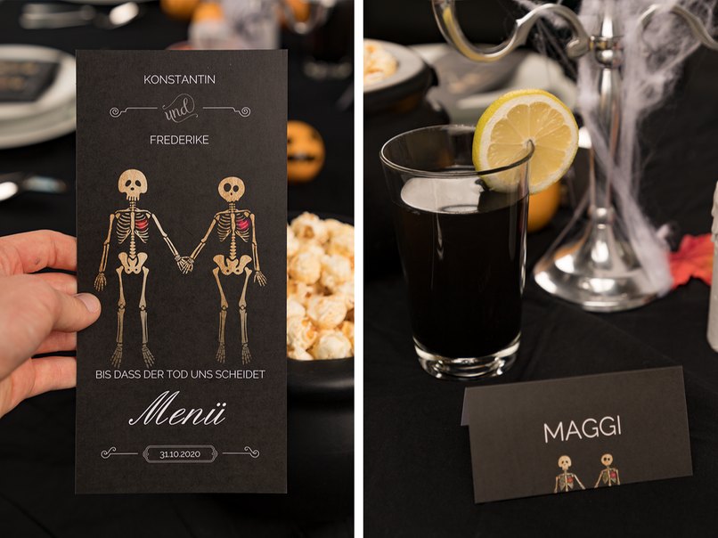 Detailaufnahmen zeigen ein schwarzes Getränk und eine Menükarte