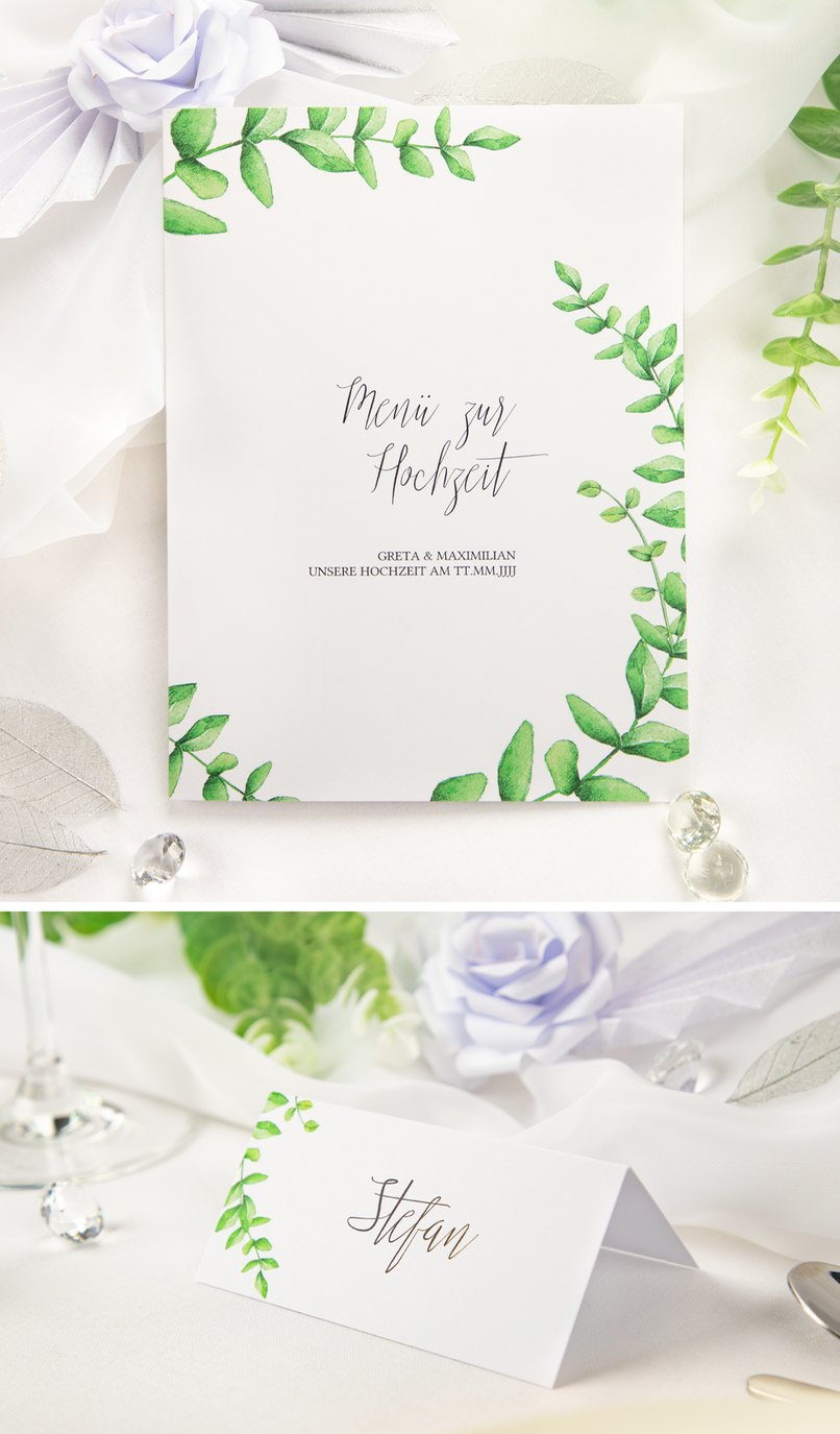 Das schlicht grüne Design der Tisch- und Menükarten passt perfekt zum Deko-Konzept