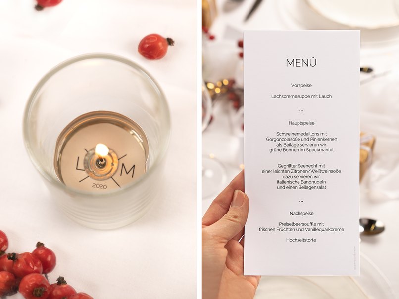 Die Hochzeitstafel ist mit vielen Details dekoriert